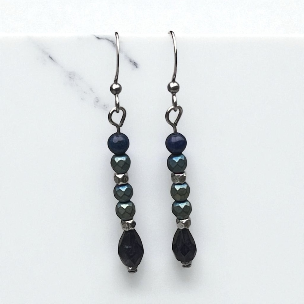 Handcrafted hematite, iolite & lapis Beaded Earrings - Picture 2 of 11